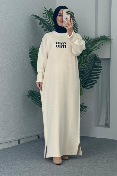 Ahu Triko Elbise  Krem