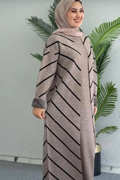 AJDA 1 Çizgi Desenli Triko Takım Koyu Vizon