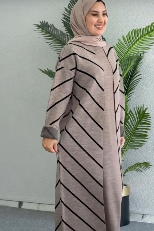 AJDA 1 Çizgi Desenli Triko Takım Koyu Vizon