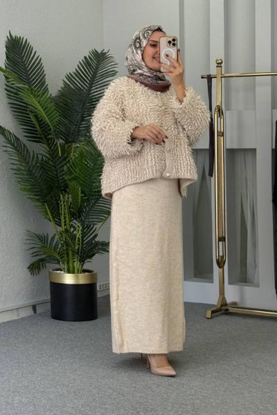 Arsu Ceketli Triko Elbise Krem