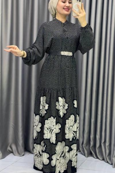 Asalet desenli viskon elbise Siyah
