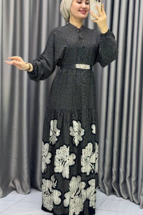 Asalet desenli viskon elbise Siyah