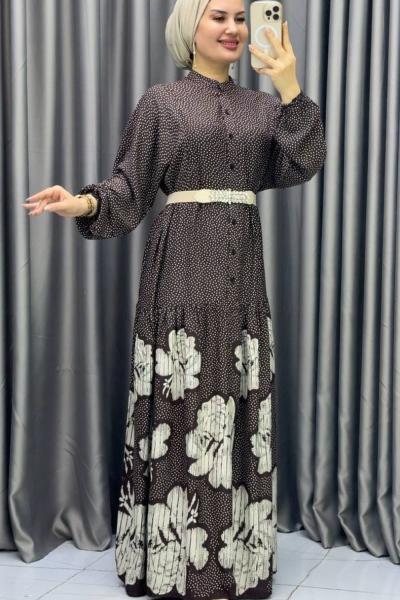 Asalet desenli viskon elbise Kahverengi