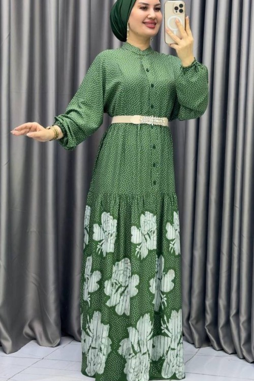 Asalet desenli viskon elbise Yeşil