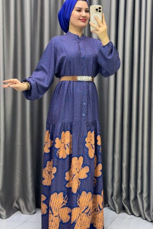 Asalet desenli viskon elbise Mavi