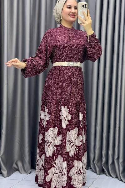 Asalet desenli viskon elbise Bordo