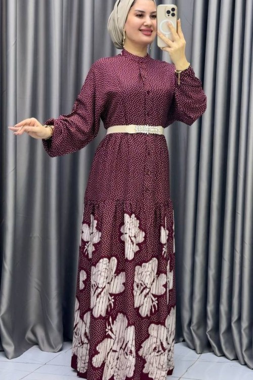 Asalet desenli viskon elbise Bordo