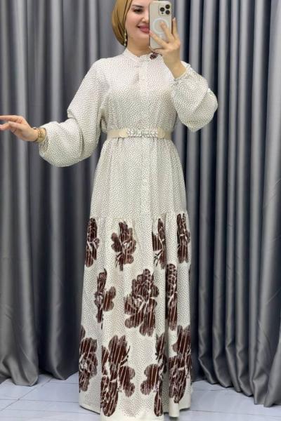 Asalet desenli viskon elbise Krem
