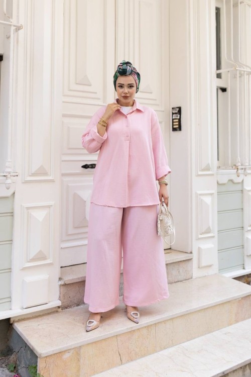 AZİZE Salaş Tunik Pantolon Takım Pembe