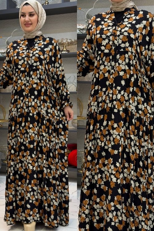 bahar desenli viskon elbise Kahverengi