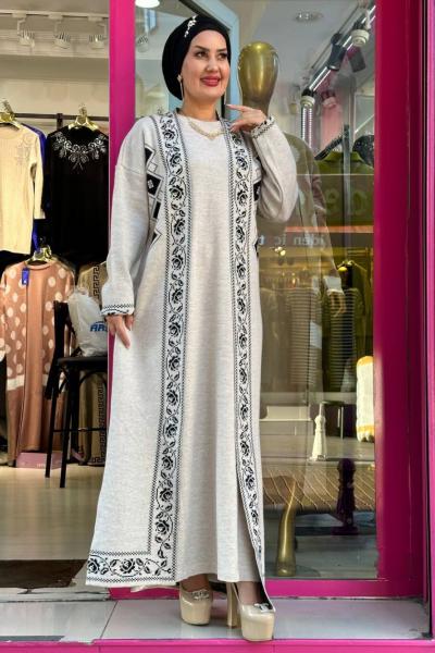 BİRİCİK Desenli Hırkalı Elbise takım Krem