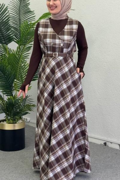 Büyük Ekose İkili Elbiseli Takım Acı Kahve
