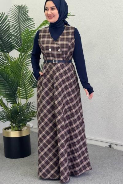 Büyük Ekose İkili Elbiseli Takım Sütlü Kahve