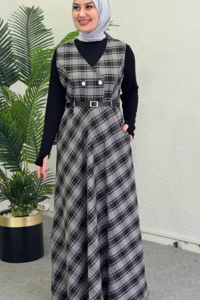 Büyük Ekose İkili Elbiseli Takım Siyah