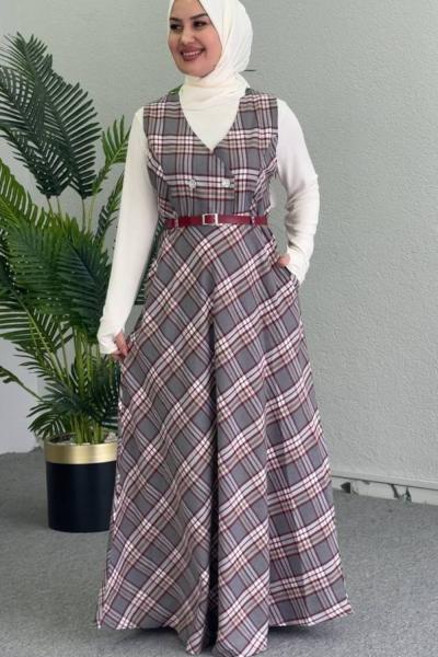 Büyük Ekose İkili Elbiseli Takım Gri