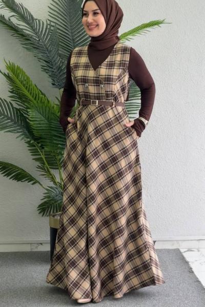 Büyük Ekose İkili Elbiseli Takım Ekose Kahve