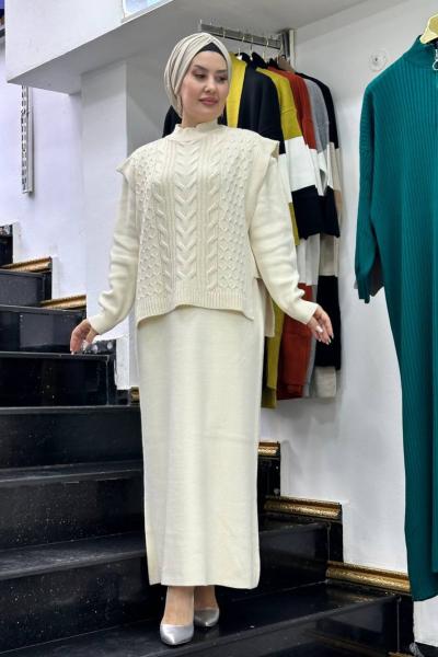 Cennet Kuşu Triko Süveter Elbise Takım  Beyaz