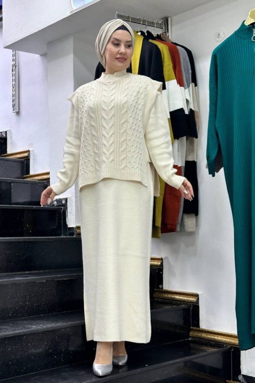 Cennet Kuşu Triko Süveter Elbise Takım  Beyaz