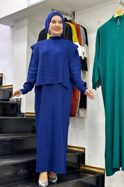 Cennet Kuşu Triko Süveter Elbise Takım  Saks Mavisi