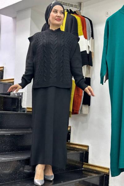 Cennet Kuşu Triko Süveter Elbise Takım  Siyah