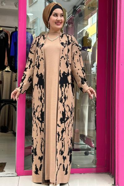 Ceylan Desenli Hırkalı Elbise takım Taba