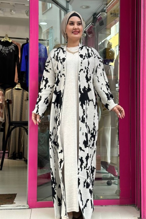 Ceylan Desenli Hırkalı Elbise takım Krem