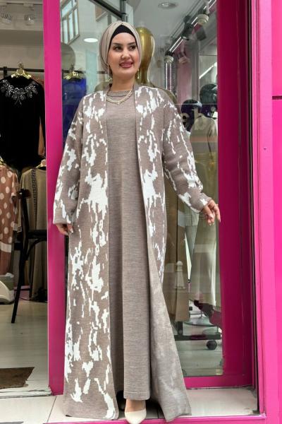 Ceylan Desenli Hırkalı Elbise takım Vizon