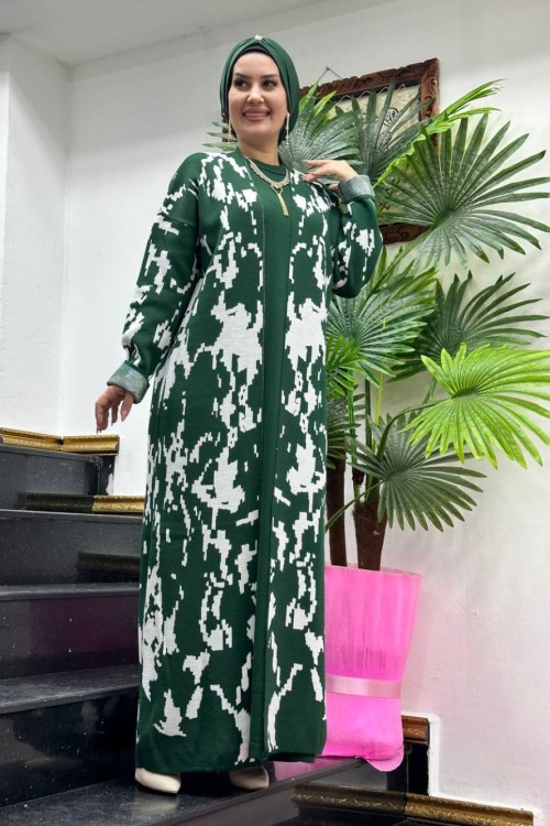 Ceylan Desenli Hırkalı Elbise takım Zümrüt