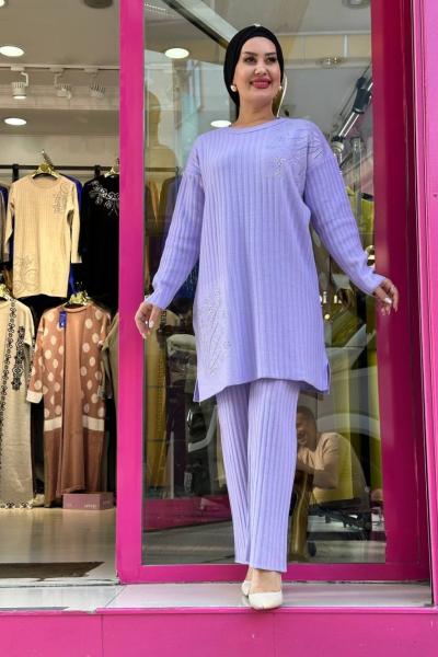 Çiçek Pantolonlu 2 li Triko Takım ✨ Lila