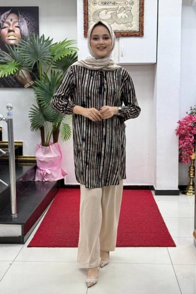 Çizgili Gömlekli Takım Kahverengi