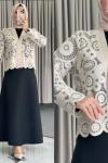 Dantel Üstlü Etekli Takım Siyah Ekru