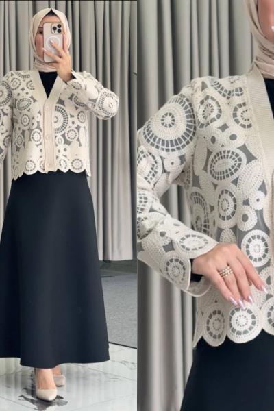 Dantel Üstlü Etekli Takım Siyah Ekru