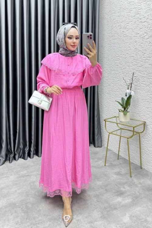 EFLİN Dantelli Etekli Takım Pembe