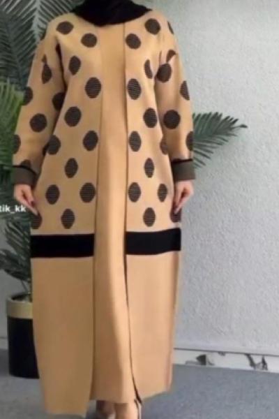 GÖKKUŞAĞI desenli hırkalı triko takım Taba