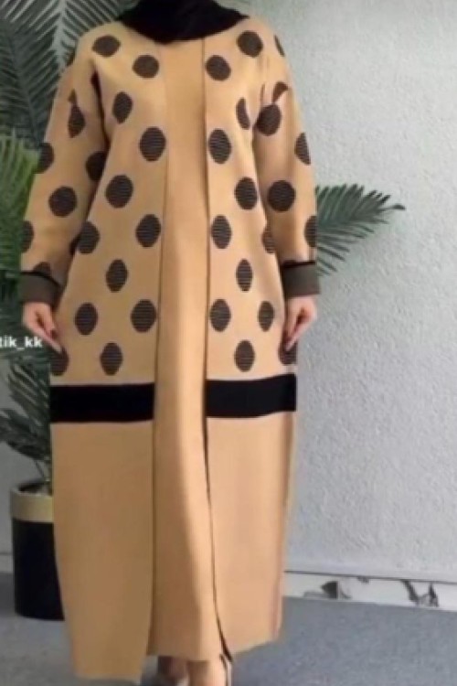 GÖKKUŞAĞI desenli hırkalı triko takım Taba