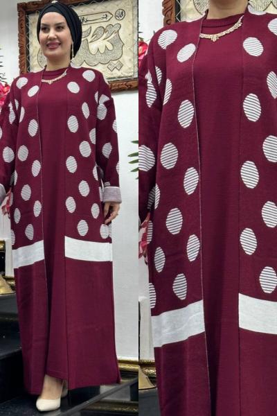 GÖKKUŞAĞI desenli hırkalı triko takım Bordo