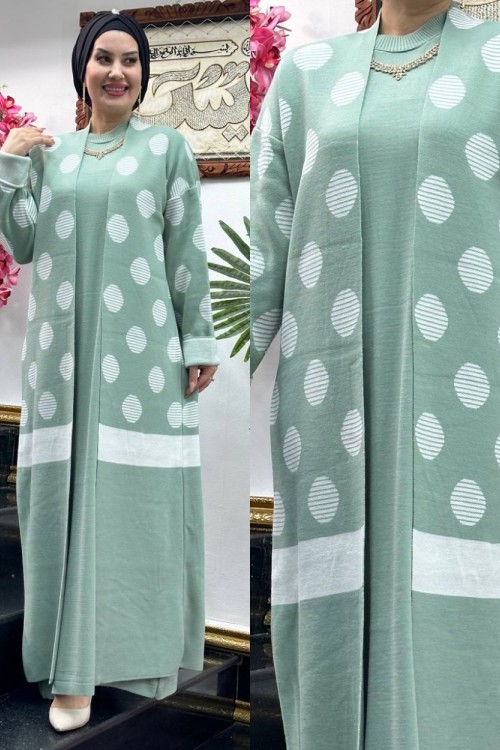 GÖKKUŞAĞI desenli hırkalı triko takım Su Yeşili