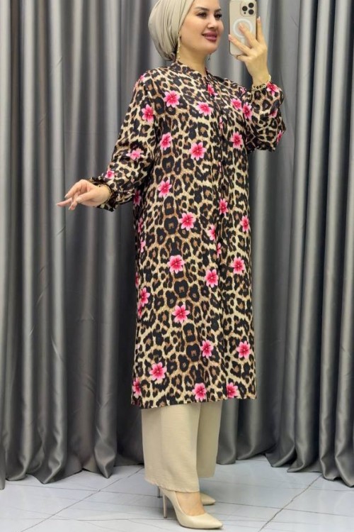 Gökyüzü Leopar Tunik Takım Pembe