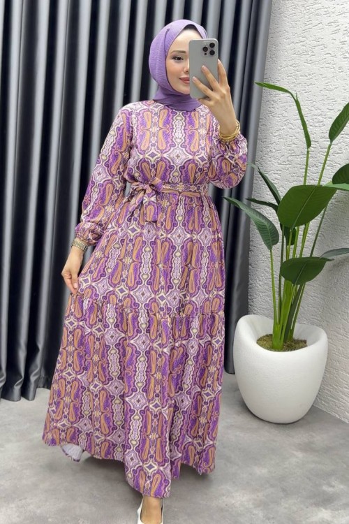 GÜLCAN KEMERLİ MANGO ELBİSE Mor