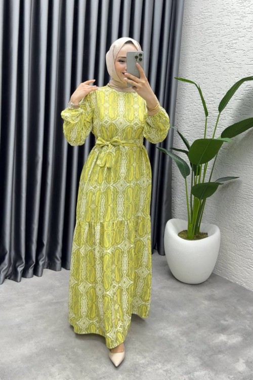 GÜLCAN KEMERLİ MANGO ELBİSE Yağ Yeşili