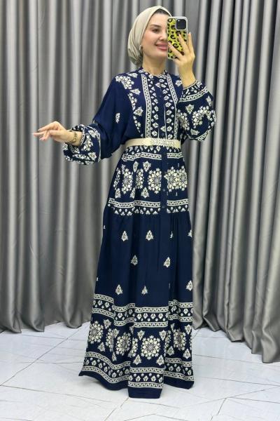 GÜLİZAR Viskon Elbise Lacivert Kemik