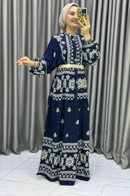 GÜLİZAR Viskon Elbise Lacivert Kemik