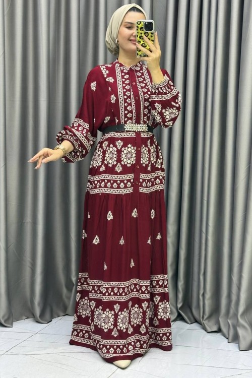 GÜLİZAR Viskon Elbise Bordo