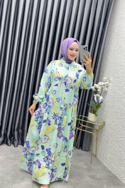 GÜLLÜ MANGO ELBİSE Su Yeşili