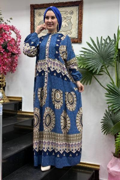 Güneş Desenli Viskon Elbise Mavi