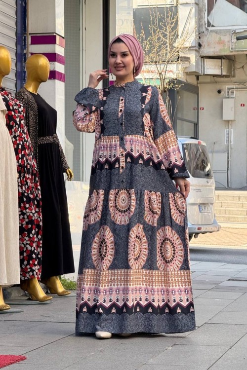 Güneş Desenli Viskon Elbise Gri