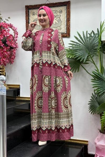 Güneş Desenli Viskon Elbise Pembe