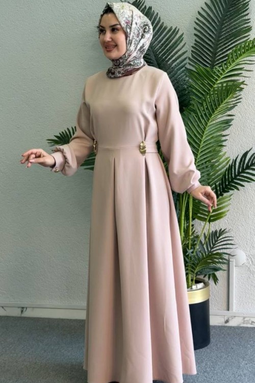 Harika Kuşaklı Elbise Krem