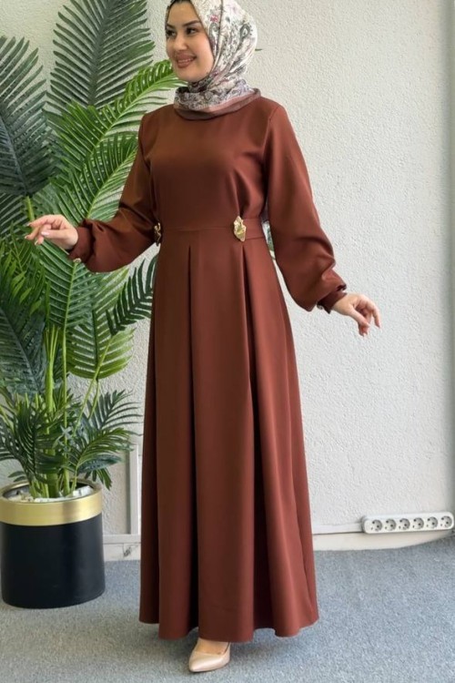 Harika Kuşaklı Elbise Kahverengi