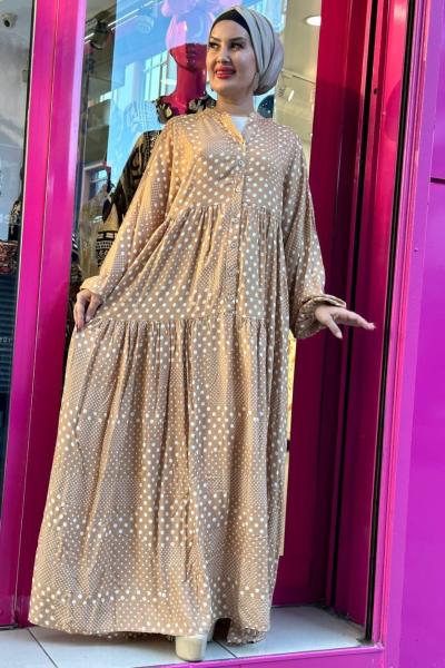 Hazan Puantiyeli Desenli Viskon Elbise Taba